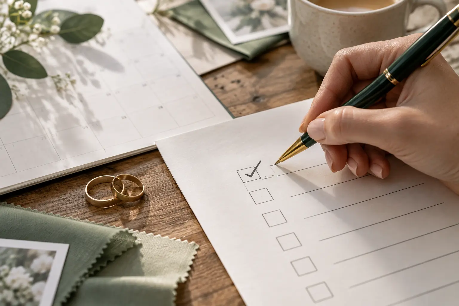 Detail ruky odškrtávající svatební checklist vedle prstýnků a kalendáře